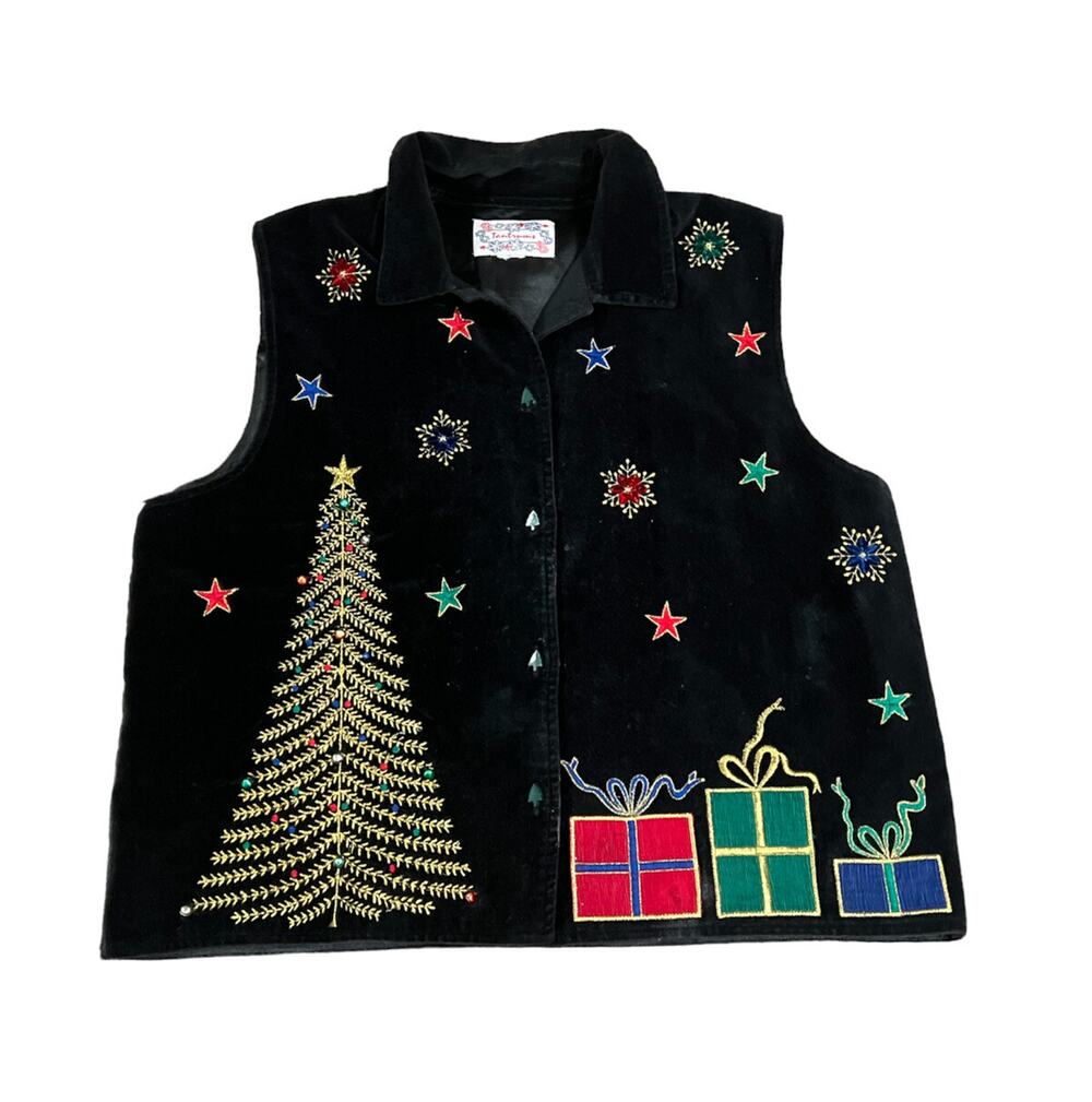 Tantrums Christmas Black Velvet Satin Vest Christmas Stars Embroidery Bells L/XL
